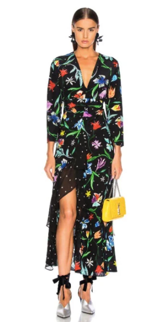 RIXO XS Rose silk ruffle long sleeve maxi dress